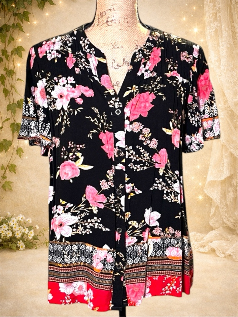 Knox Rose Floral Blouse Size L - Black Pink Buttoned Top